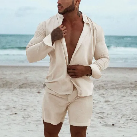 Men's Casual Solid Color Two-Piece Set Summer Hawaiian Long Sleeve Shirt And Shorts Loose Cotton Blend Vacation Style Outfit