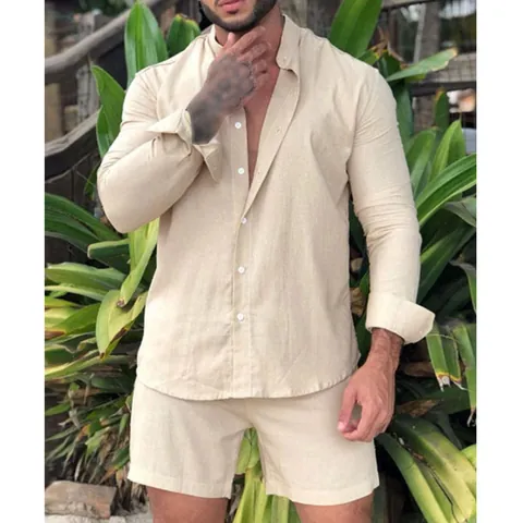 Men's Casual Solid Color Two-Piece Set Summer Hawaiian Long Sleeve Shirt And Shorts Loose Cotton Blend Vacation Style Outfit