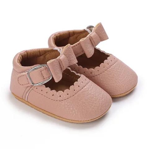 Infant Baby Girls Princess First Walker Shoes Bow Knot PU Leather Soft Sole Anti-Slip Scalloped Edge Toddler Crib Shoes