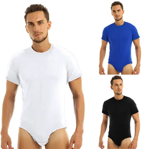 Men's Short Sleeve Round Neck Bodysuit Breathable Polyester Romper With Button Crotch Home Loungewear Sleepwear One Piece Jumpsuit