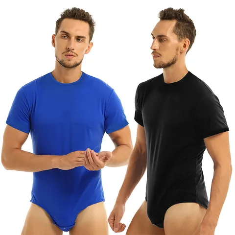 Men's Short Sleeve Round Neck Bodysuit Breathable Polyester Romper With Button Crotch Home Loungewear Sleepwear One Piece Jumpsuit