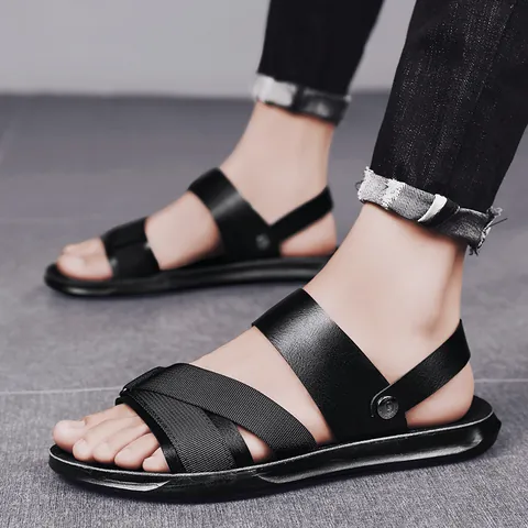 Men's Outdoor PU Leather Sandals Non-Slip Breathable Soft Sole Summer Beach Casual Outdoor Sandals For Men