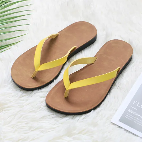 Women Summer Flat Thong Sandals Casual Beach Flip Flops Non-Slip Microfiber PU Sole Yellow Brown Black Solid Color