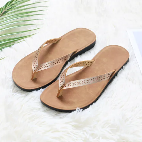 Women Summer Flip Flops Breathable Microfiber Hollow Out Details Anti Slip PU Sole Beach Casual Fashion Flat Sandals