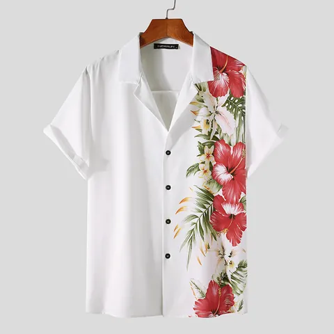 Men's Hawaiian Tropical Print Short Sleeve Top Loose Fit Beach Casual Button Down Polyester Summer Floral Shirt
