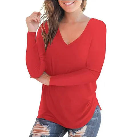 Dames Casual V-hals Lange Mouw T-shirt Effen Kleur Katoenmix Top Patchwork Ontwerp Basislagen Zachte Herfstkleding