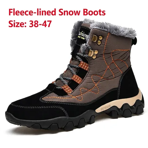 Men Outdoor Snow Boots Waterproof Pigskin Faux Fur Lined Warm Winter Hiking Boots Anti-Slip Thickened Fleece Work Boots