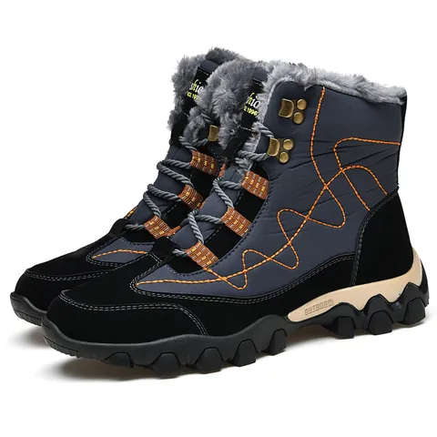 Men Outdoor Snow Boots Waterproof Pigskin Faux Fur Lined Warm Winter Hiking Boots Anti-Slip Thickened Fleece Work Boots