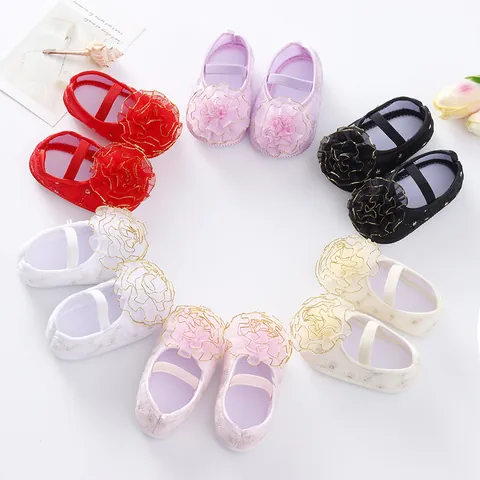 Baby Girls Princess Shoes Soft Sole Gold Trim Mesh Flower Pre-walker Shoes Cute Lace Ruffle Infant Wedding Party Shoes