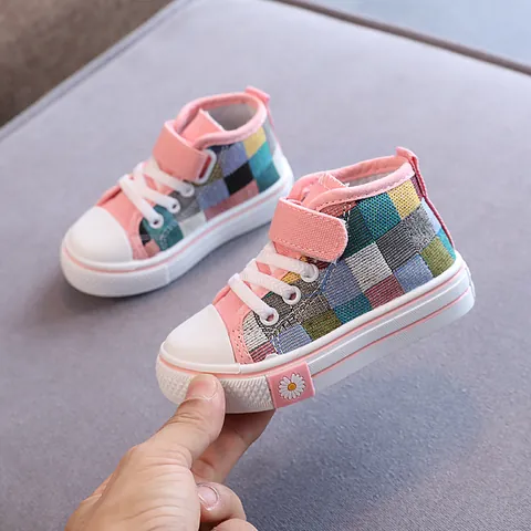 Scarpe di Tela a Quadri per Bambini Stile Britannico High Top Margherita Antiscivolo da Skate per Ragazzi Ragazze Sneaker Casual