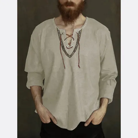 Men's Casual Cotton V-Neck Lace-Up Shirt Retro Ethnic Embroidery Loose Fit Long Sleeve Henley Shirt Top