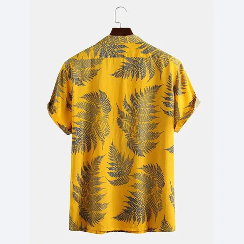 Camisa Casual de Hombre con Estampado de Hojas Tropicales Manga Corta Hawaiana de Playa Botones Ajuste Holgado Mezcla de Algodón