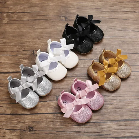 Baby Girl Princess Walking Shoes Soft Sole Bowknot Glitter Mary Jane Flats Breathable Non-Slip Infant Toddler Crib Shoes