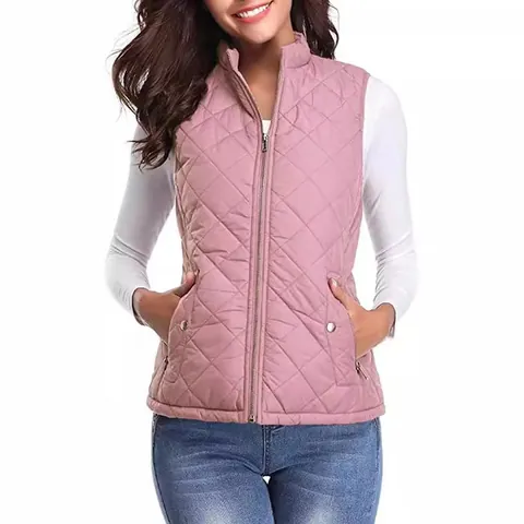 Women's Quilted Padded Vest Cotton Blend Stand Collar Sleeveless Jacket Slim Fit Warm Outerwear With Zipper Pockets Solid Color Casual Vest