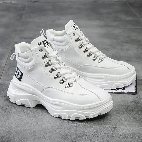 Men's High-Top Casual Sneakers Patchwork Thick Sole Height Increasing Shoes Metal Buckle Fashion Streetwear Microfiber Leather