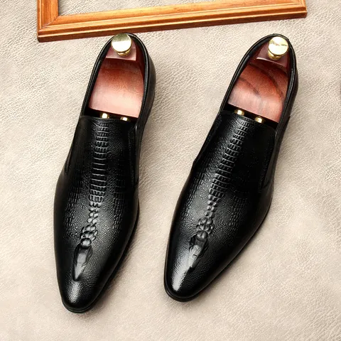 Men's British Style Cattle Hide Crocodile Pattern Pointed Toe Business Shoes Embossed Breathable Slip-on Wedding Loafers Leather Shoes