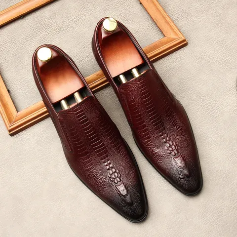 Men's British Style Cattle Hide Crocodile Pattern Pointed Toe Business Shoes Embossed Breathable Slip-on Wedding Loafers Leather Shoes
