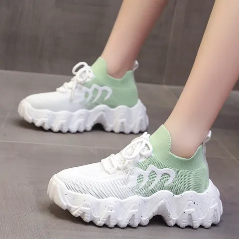 Scarpe da Ginnastica a Calzino Flyknit Moda Donna Scarpe Dad Traspiranti con Zeppa Stile Coreano in Mesh Allacciate Suola Spessa Scarpe Casual Sportive