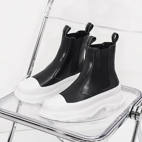 Men's Chelsea Boots Cowhide Leather Platform Fashion Boots Breathable Ankle Boots Autumn Winter Casual High Top Shoes