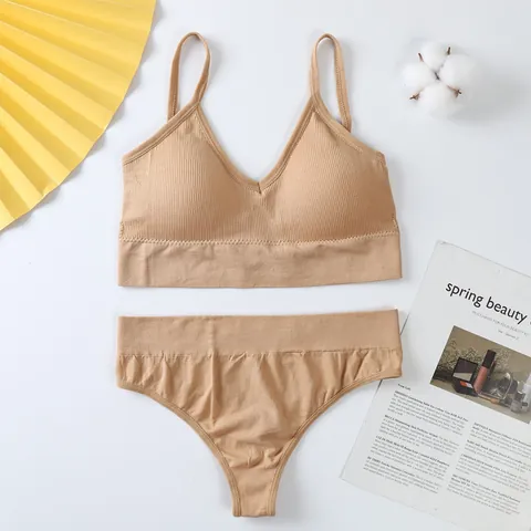 Women Sexy Seamless Ribbed Bra And Panty Set Wireless Push Up Triangle Cup Lingerie Sporty Two Piece Underwear Set