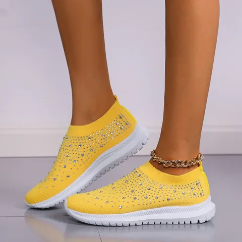 Women Rhinestone Flyknit Sneakers Slip On Casual Walking Shoes Breathable Lightweight Muffin Sole Fashion Sparkly Bling Comfy Sporty Footwear