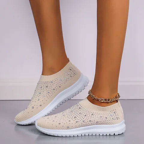Women Rhinestone Flyknit Sneakers Slip On Casual Walking Shoes Breathable Lightweight Muffin Sole Fashion Sparkly Bling Comfy Sporty Footwear
