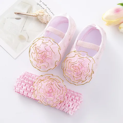 Conjunto de Zapatos de Princesa y Diadema para Bebé Niña Tela de Algodón Lazo Floral Suela Blanda Zapatos de Primeros Pasos