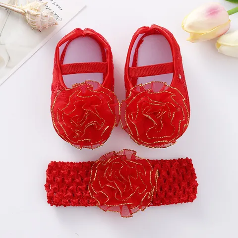 Conjunto de Zapatos de Princesa y Diadema para Bebé Niña Tela de Algodón Lazo Floral Suela Blanda Zapatos de Primeros Pasos