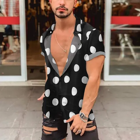 Men Casual Polka Dot Print Short Sleeve Shirt Lapel Button Down Hawaii Holiday Streetwear Top Polyester Summer Fashion
