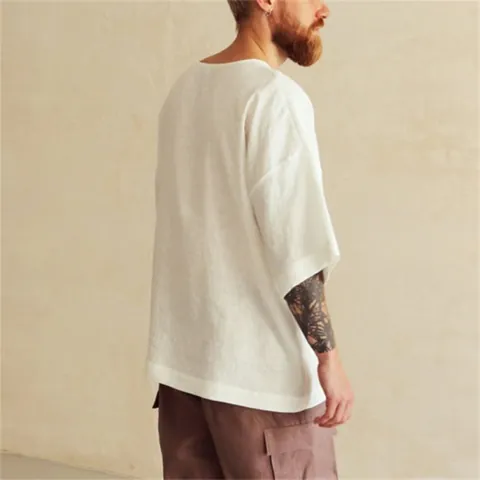T-Shirt Minimaliste en Coton pour Hommes Haut Décontracté à Col Rond et Demi-Manches Coupe Ample Chemise Blanche Unie Style Plage