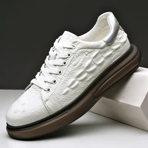 Herren Casual Rindsleder Geprägt Krokodilmuster Dicke Sohle Sneakers Mode Schnürschuhe Atmungsaktiv Leicht Herrenschuhe