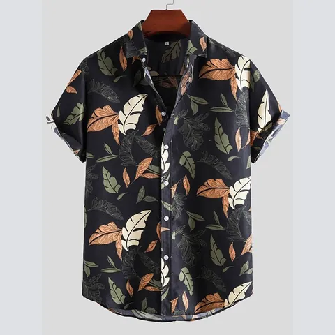 Men Casual Cotton Tropical Leaf Print Shirt Short Sleeve Lapel Button Up Summer Beach Hawaiian Style Black Top