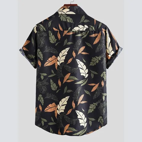 Men Casual Cotton Tropical Leaf Print Shirt Short Sleeve Lapel Button Up Summer Beach Hawaiian Style Black Top