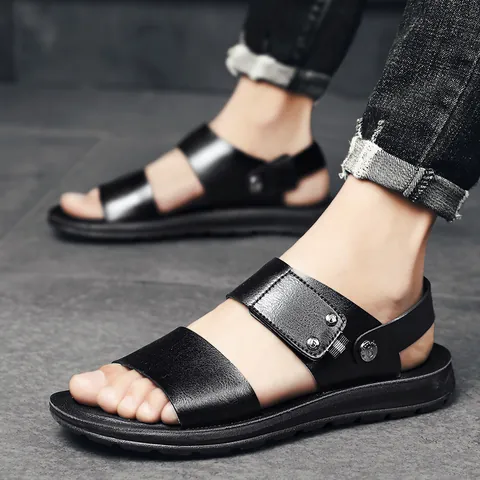 Men's Casual Microfiber Leather Sandals Summer Breathable Non-slip Beach Shoes Metal Studs Buckle Strap Footwear Dark Blue Black Brown