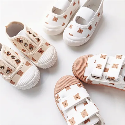 Koreanischer Stil Cartoon Bär Druck Kinder Stoffschuhe Shell Toe Weiche Sohle Sneaker Für Jungen Mädchen Kleinkind Schule Lässige Schuhe
