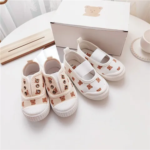 Koreanischer Stil Cartoon Bär Druck Kinder Stoffschuhe Shell Toe Weiche Sohle Sneaker Für Jungen Mädchen Kleinkind Schule Lässige Schuhe