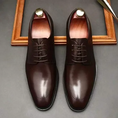 Men's British Style Brogue Oxford Shoes Pointed Toe Cowhide Leather Business Formal Lace-up Casual Dress Shoes For Banquet