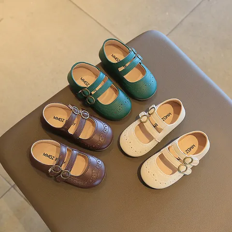 Girls British Style Mary Jane Shoes PU Leather Breathable Anti Slip Brogue Hollow Out Toddler Princess Shoes Daily Wear