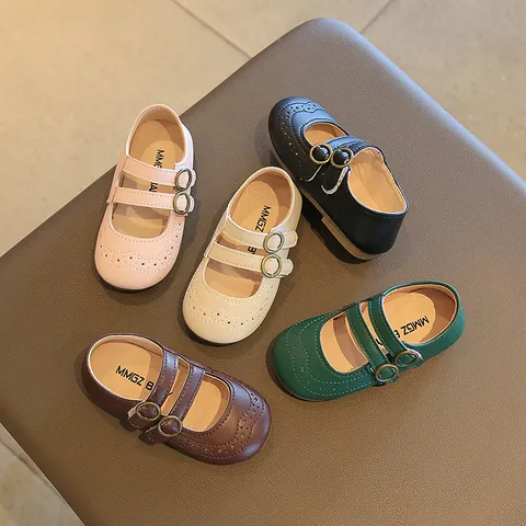 Girls British Style Mary Jane Shoes PU Leather Breathable Anti Slip Brogue Hollow Out Toddler Princess Shoes Daily Wear