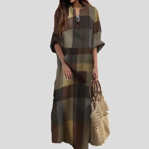 Women Retro Ethnic Style Cotton Plaid Print Maxi Dress Loose Long Sleeve V-Neck Caftan Robe Dress For Casual Vacation