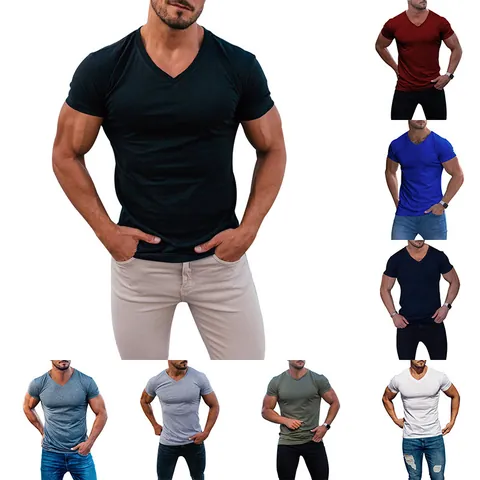 Men's Outdoor V-Neck T-Shirt Quick-Dry Breathable Solid Color Short Sleeve Top For Casual Fitness Sports Gym Wear