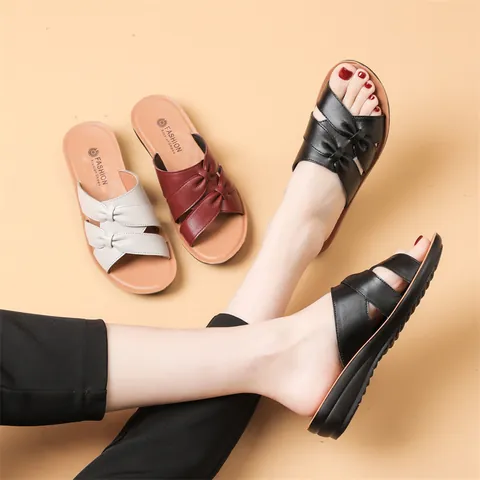 Women's Genuine Leather Slides Non-slip Soft Sole Top Layer Cowhide Slippers Bowknot Casual Sandals For Elderly