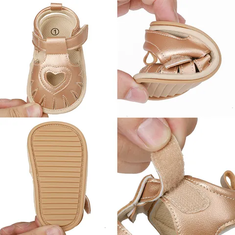 Baby Girl Summer Sandals Artificial PU Leather Heart Cut-out Soft Sole First Walker Toddler Infant Non-slip Princess Walking Shoes