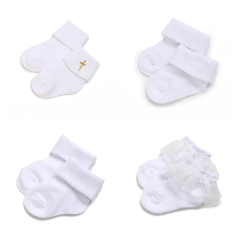 Soft Cotton Baby Socks And Beanie Hat Set For Baptism Christening White Lace Embroidery Cross Baby Accessories For Newborn