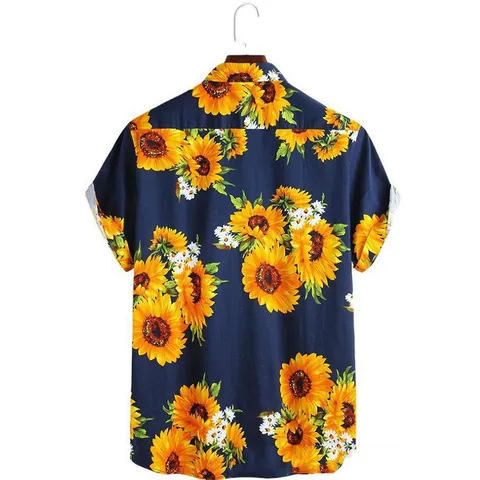 Men Hawaiian Short Sleeve Sunflower Digital Print Shirt Retro Lapel Breathable Tropical Beach Casual Streetwear Polyester Top