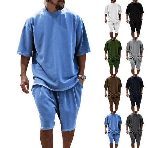Men's Casual Sports Top And Bottom Oversized Short Sleeve T-Shirt Shorts French Terry Cotton Blend Sweatsuit Streetwear