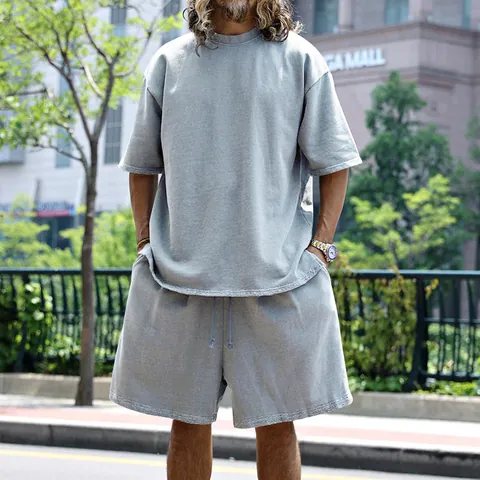 Men's Casual Sports Top And Bottom Oversized Short Sleeve T-Shirt Shorts French Terry Cotton Blend Sweatsuit Streetwear
