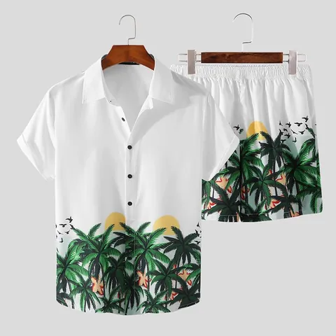 Men's Summer Hawaiian Casual Suit Tropical Palm Tree Print Short Sleeve Shirt And Shorts Set Top And Bottom Casual Wear
