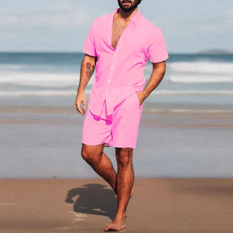 Abito da Uomo Estivo in Cotone Camicia e Pantaloncini Sopra e Sotto Tinta Unita Risvolto Manica Corta Casual Spiaggia