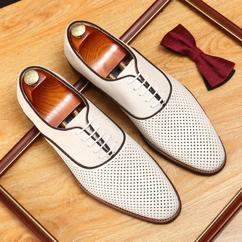 Men Business Casual Cowhide Leather Shoes Hollow Out Breathable British Oxford Style Lace Up Soft Sole Dress Shoes